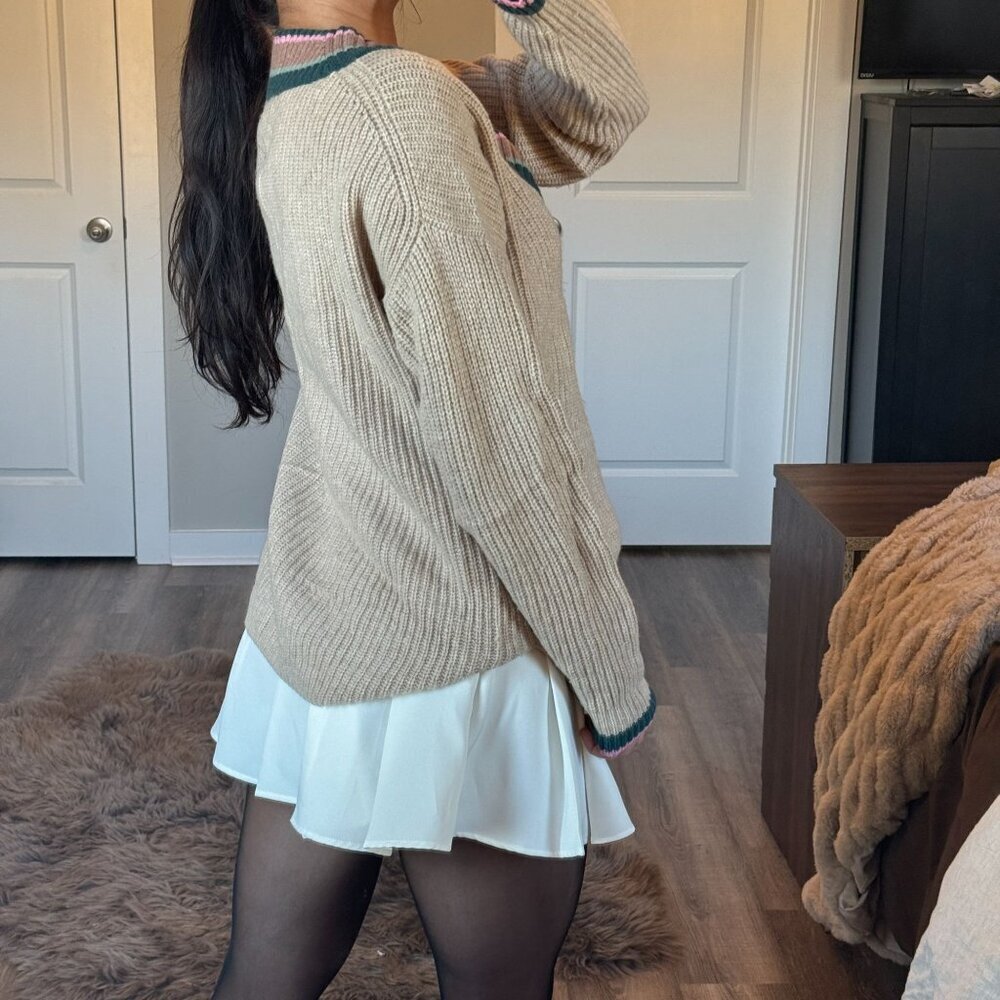 Madewell Beige V-Neck Sweater with Green and Pink Trim - Picture 4 of 8
